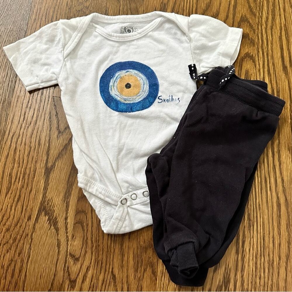 Greek evil eye hand painted onesie bodysuit and black H&M pants, size 0-6 months